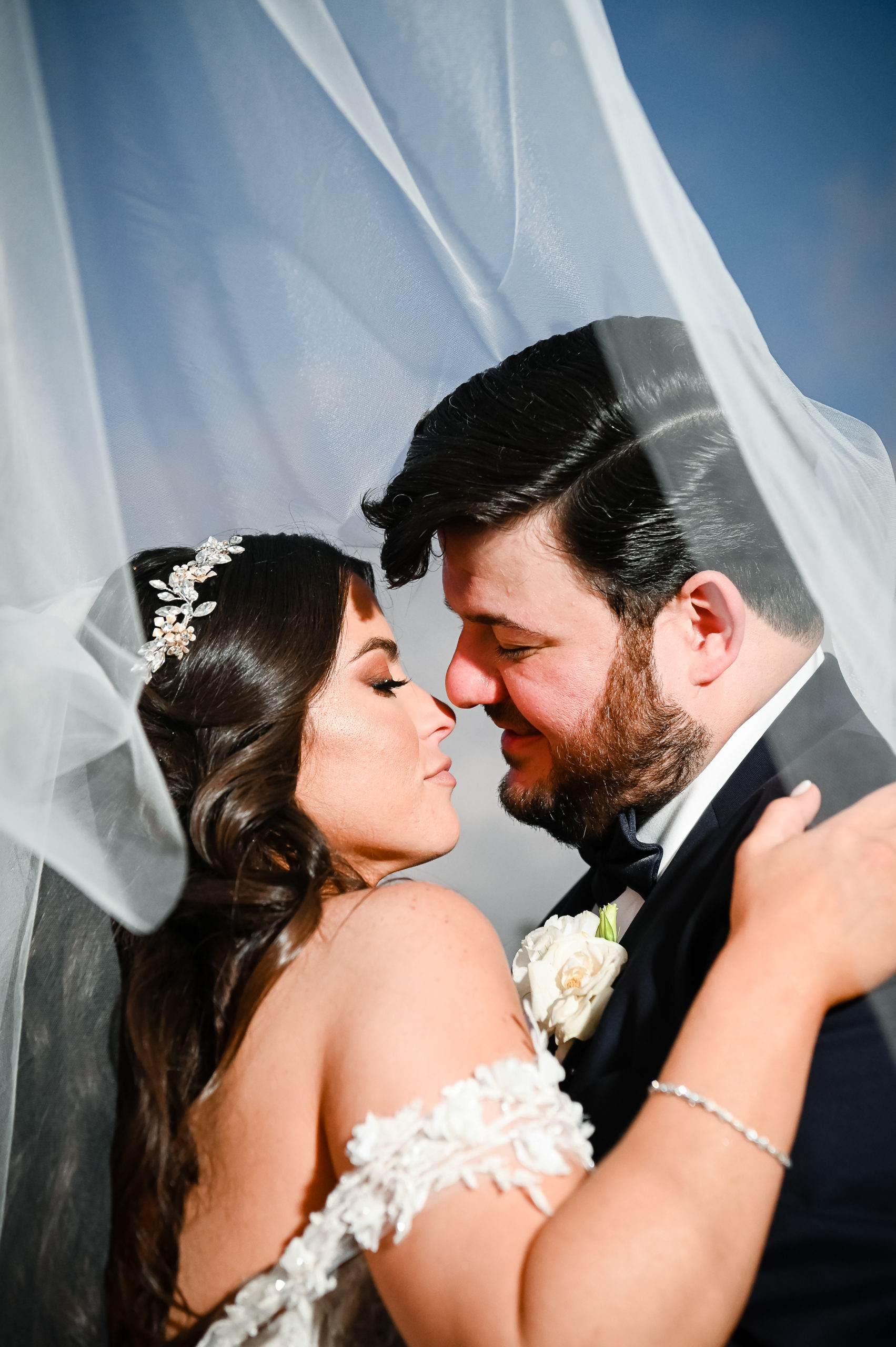 A bride and groom kissing under the veil.